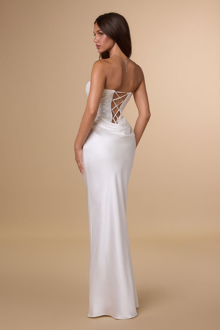 White Sequin Fitted Strapless Gown by Amoris T744W