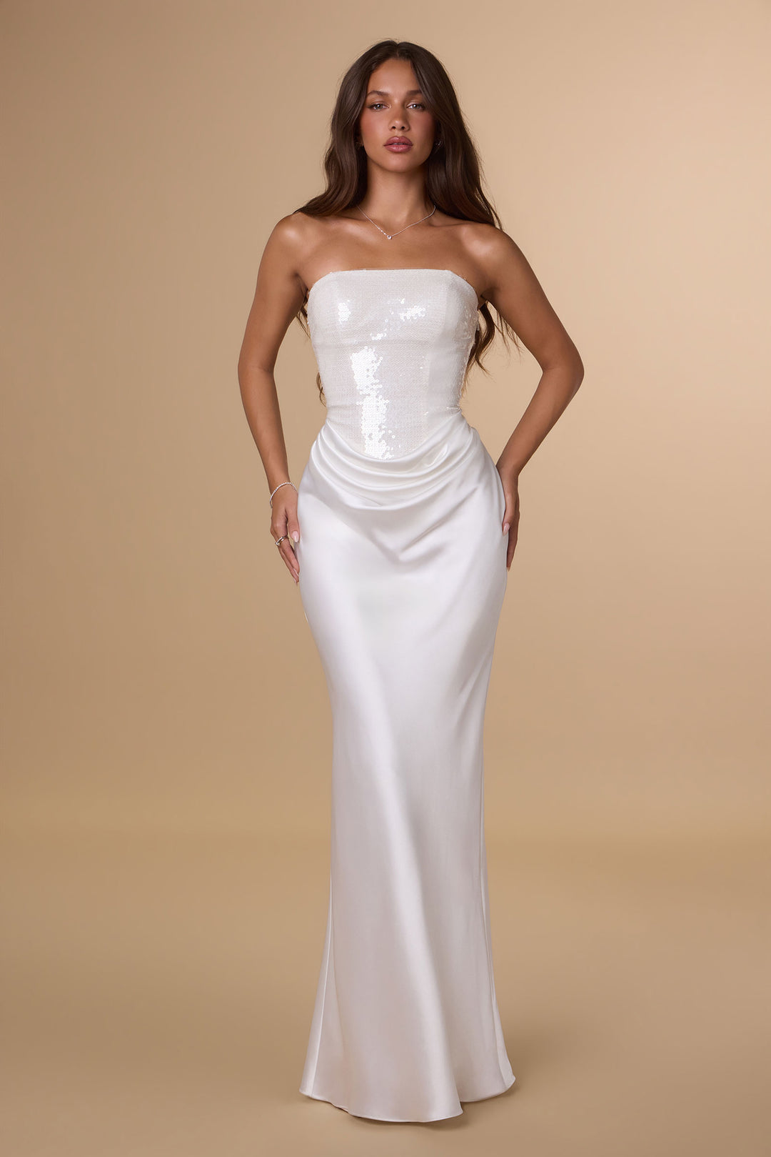 White Sequin Fitted Strapless Gown by Amoris T744W