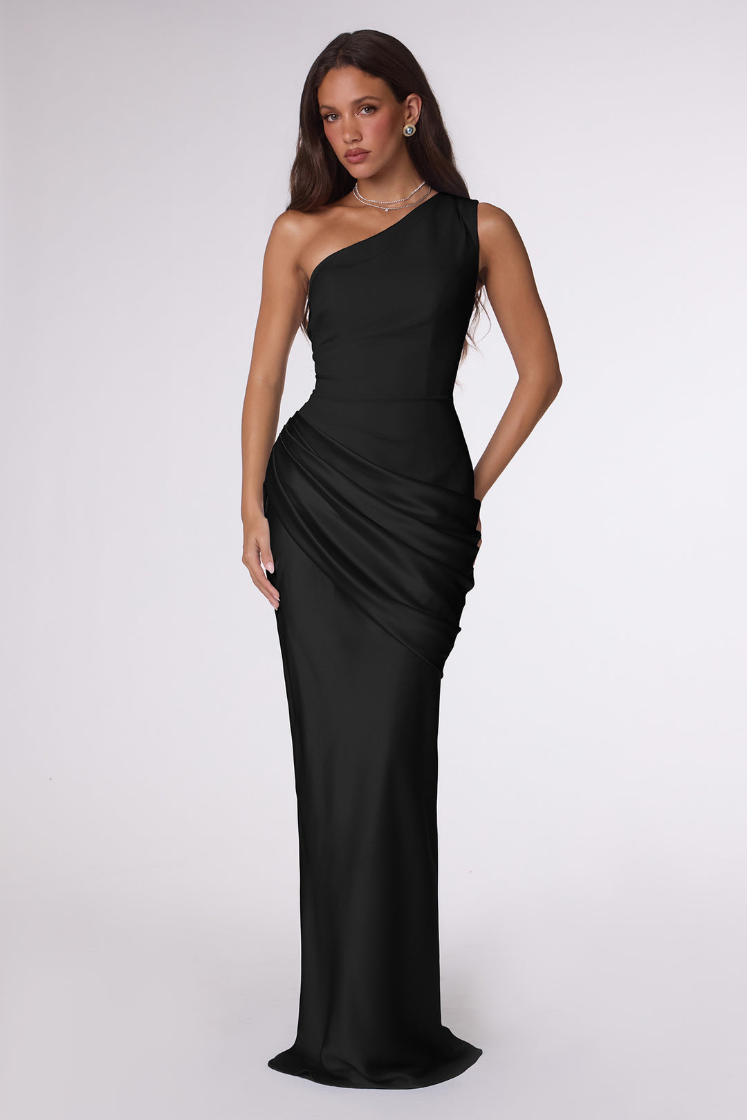 Satin Fitted One Shoulder Gown by Amoris T748