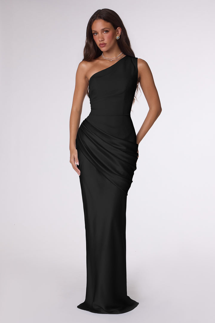 Satin Fitted One Shoulder Gown by Amoris T748