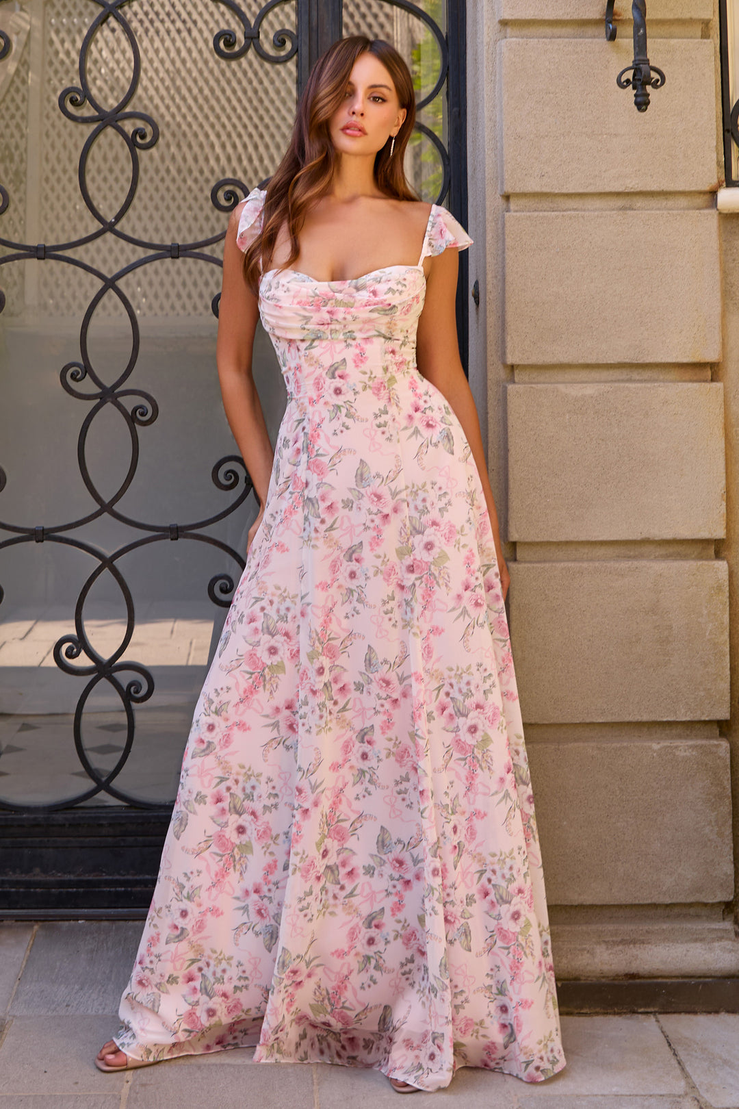 Floral Print Flutter Sleeve A-line Gown by Amoris T749