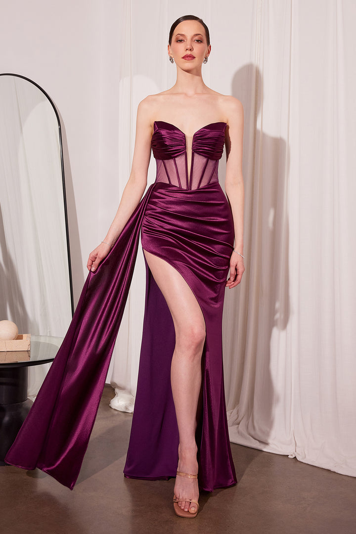 Satin Fitted Strapless Corset Slit Gown by Amoris T811