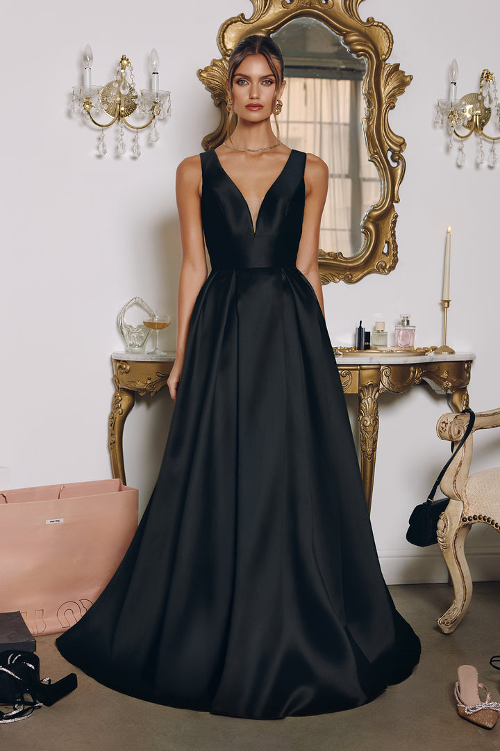 Satin Sleeveless A-line Gown by Amoris T814