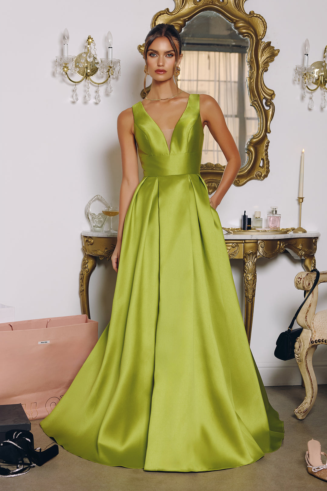 Satin Sleeveless A-line Gown by Amoris T814