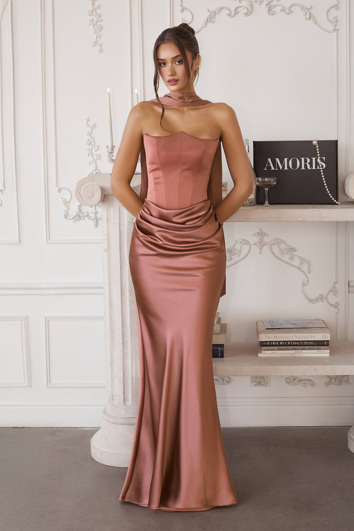 Satin Fitted Strapless Scarf Gown by Amoris T816