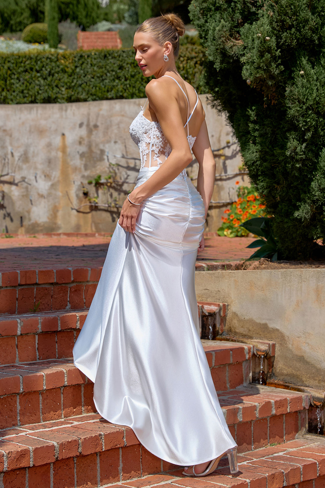 White Applique Satin Sleeveless Gown by Amoris T819W