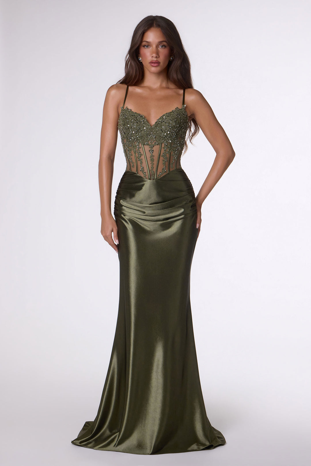 Applique Satin Fitted Sleeveless Gown by Amoris T819