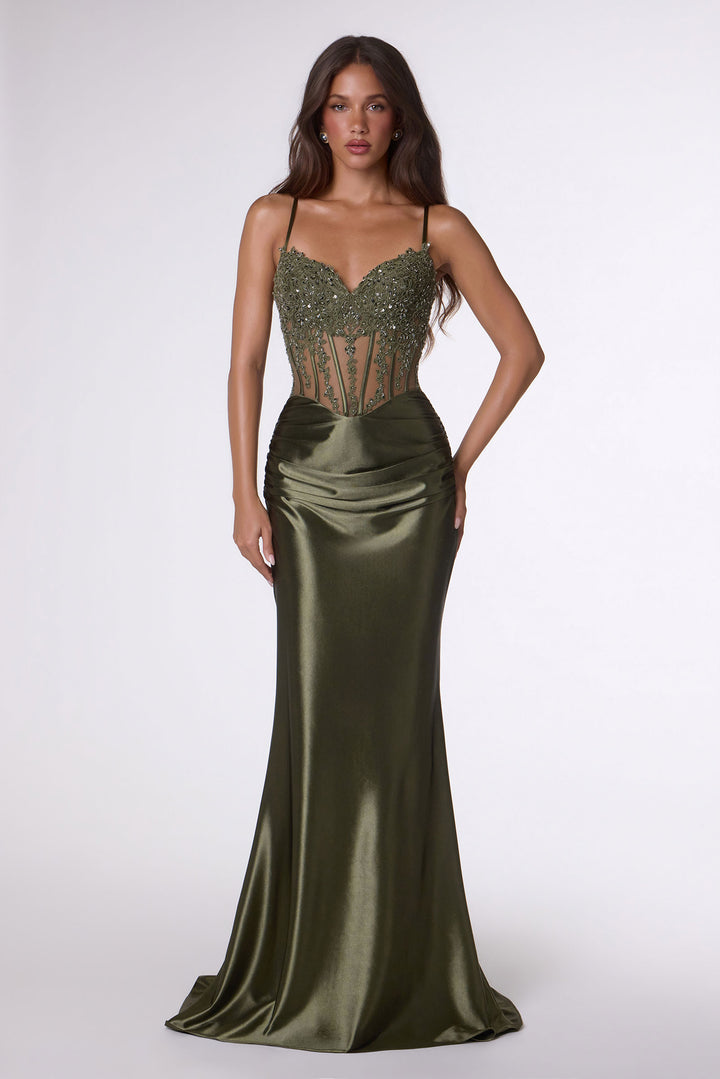 Applique Satin Fitted Sleeveless Gown by Amoris T819