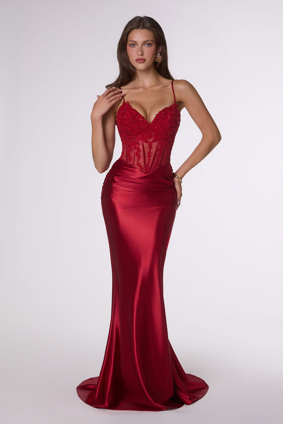Applique Satin Fitted Sleeveless Gown by Amoris T819