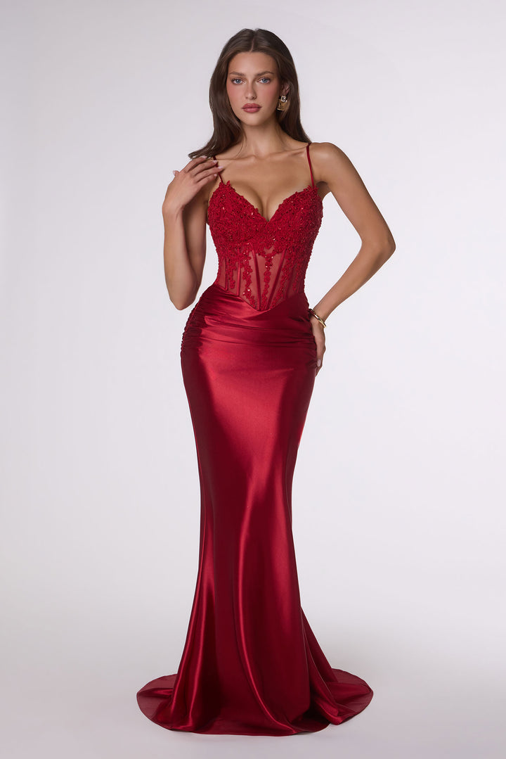 Applique Satin Fitted Sleeveless Gown by Amoris T819
