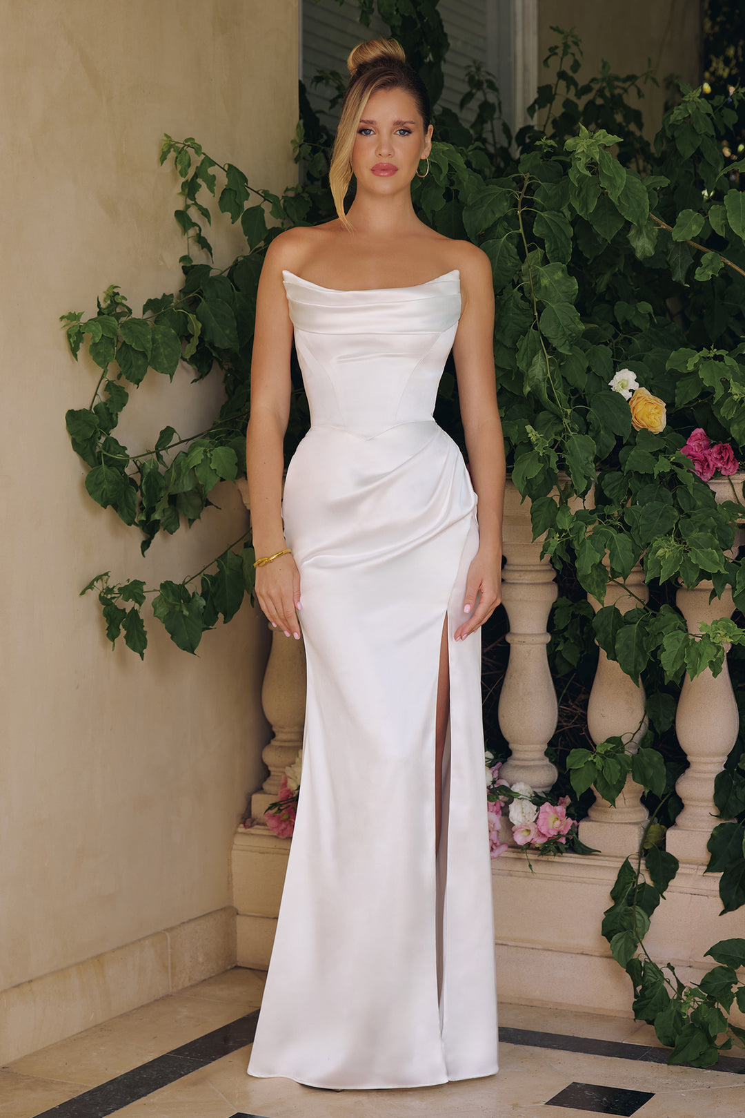 White Satin Off Shoulder Slit Gown by Amoris T820W