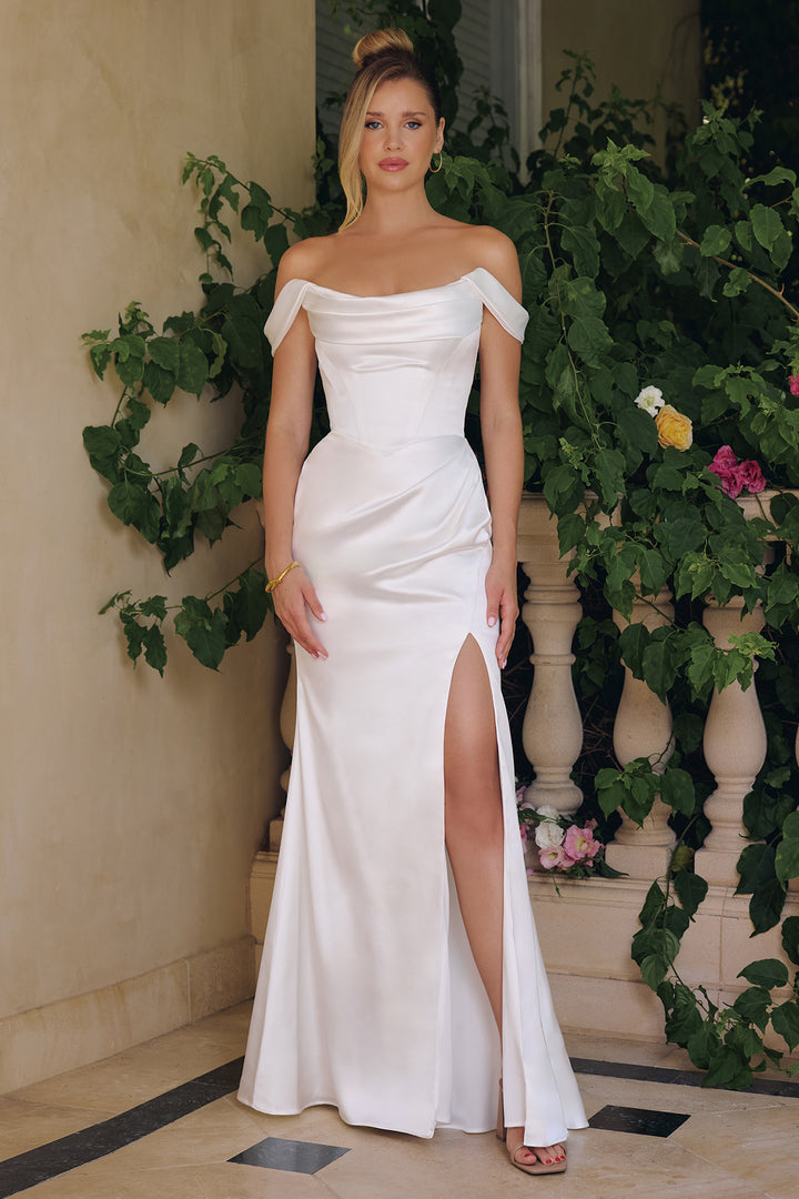 White Satin Off Shoulder Slit Gown by Amoris T820W