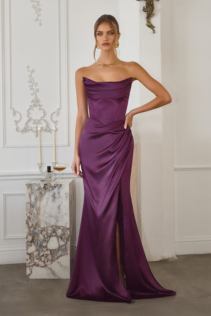 Satin Fitted Off Shoulder Slit Gown by Amoris T820