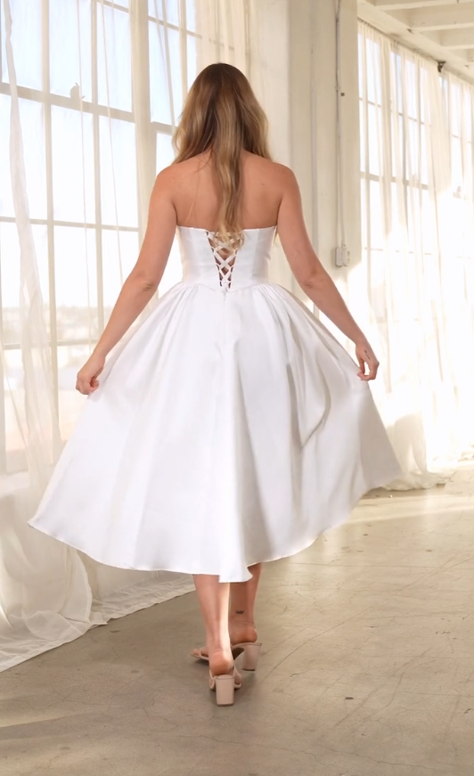 White Mikado Strapless Midi Dress by Amoris T822W