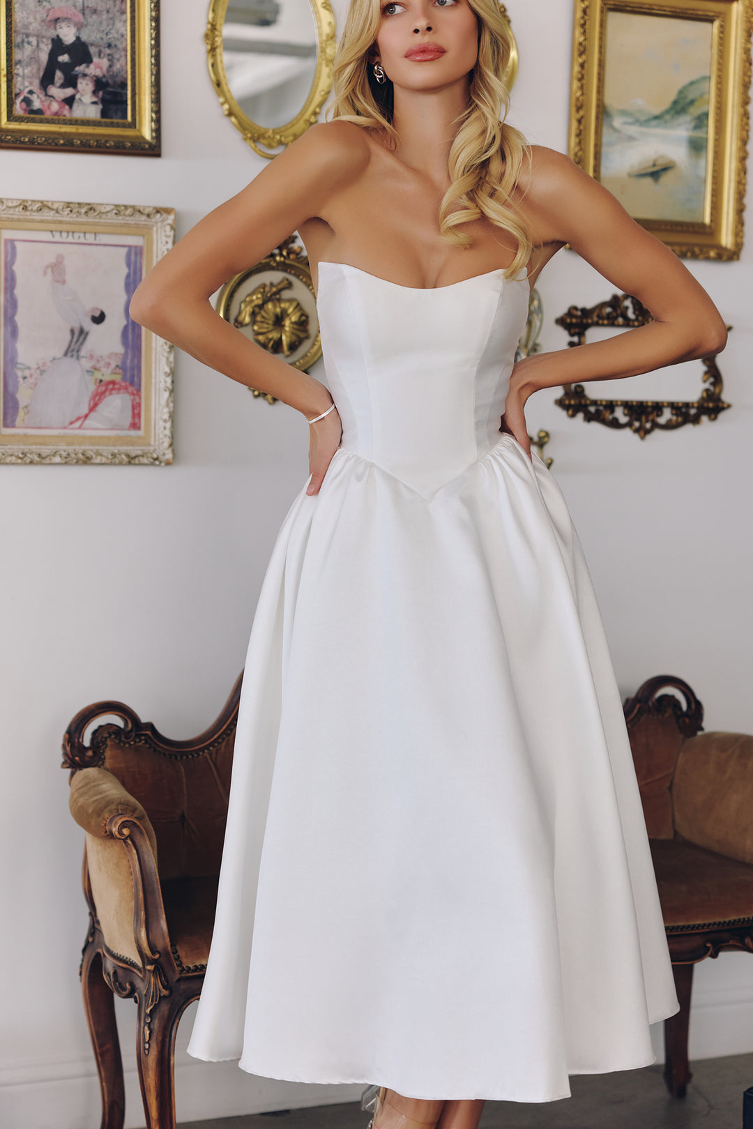 White Mikado Strapless Midi Dress by Amoris T822W