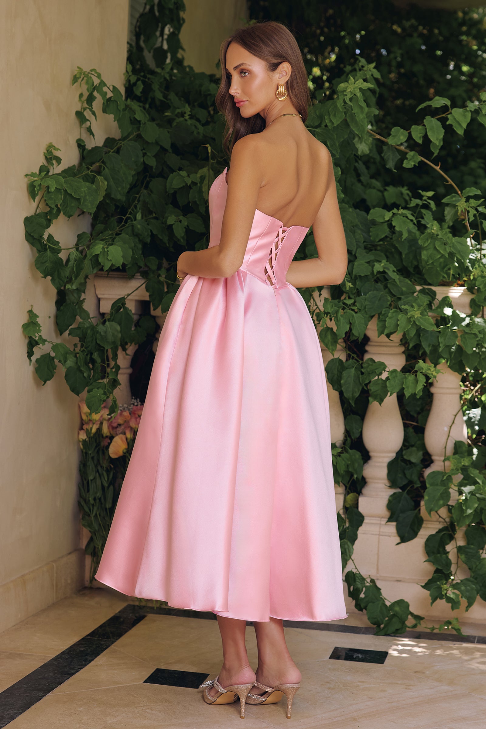Satin Strapless Tea Length Dress by Amoris T822 – ABC Fashion
