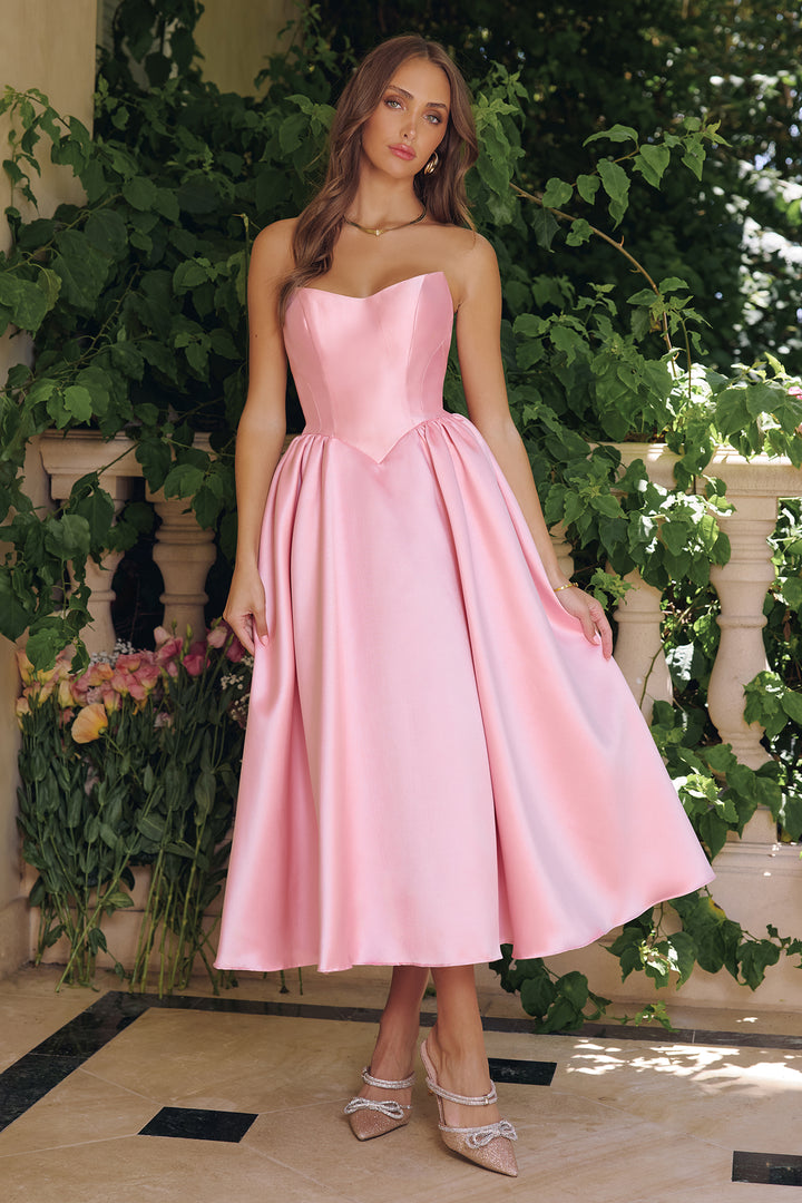 Satin Strapless Tea Length Dress by Amoris T822