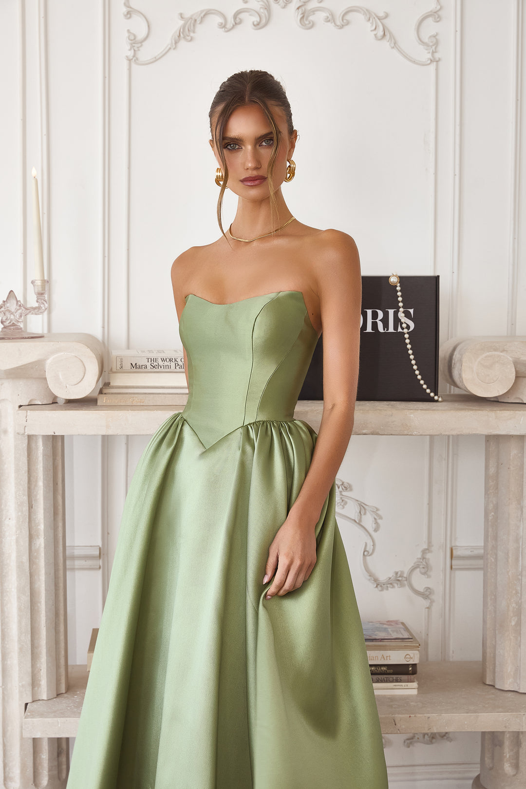 Satin Strapless Tea Length Dress by Amoris T822