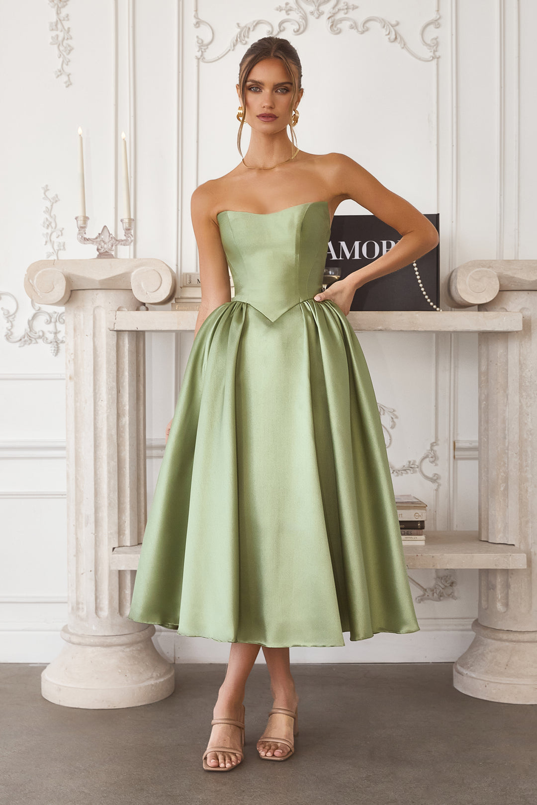 Satin Strapless Tea Length Dress by Amoris T822
