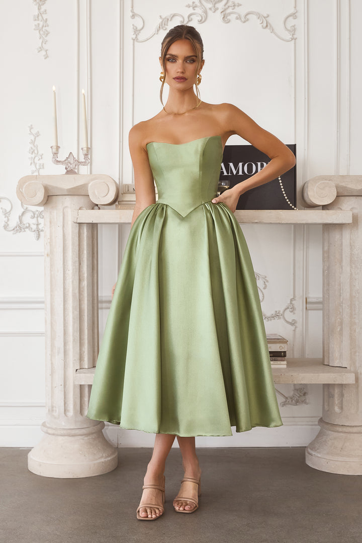 Satin Strapless Tea Length Dress by Amoris T822