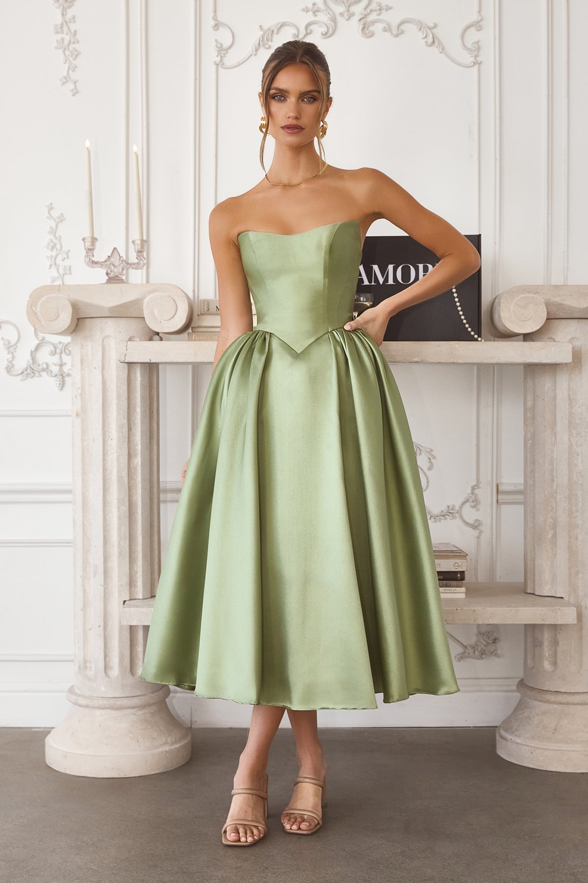 satin tea length dress Simple One-Shoulder Tea-Length Party slightly shiny look Ball Gown Sweetheart Sleeveless Tea-Length