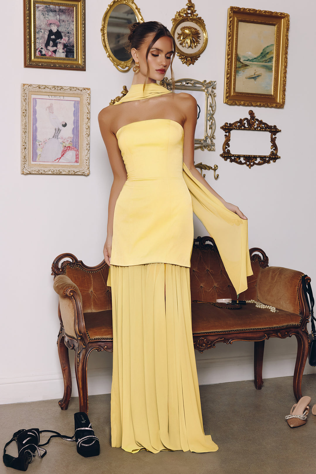 Satin Chiffon Strapless Slit Gown by Amoris T825