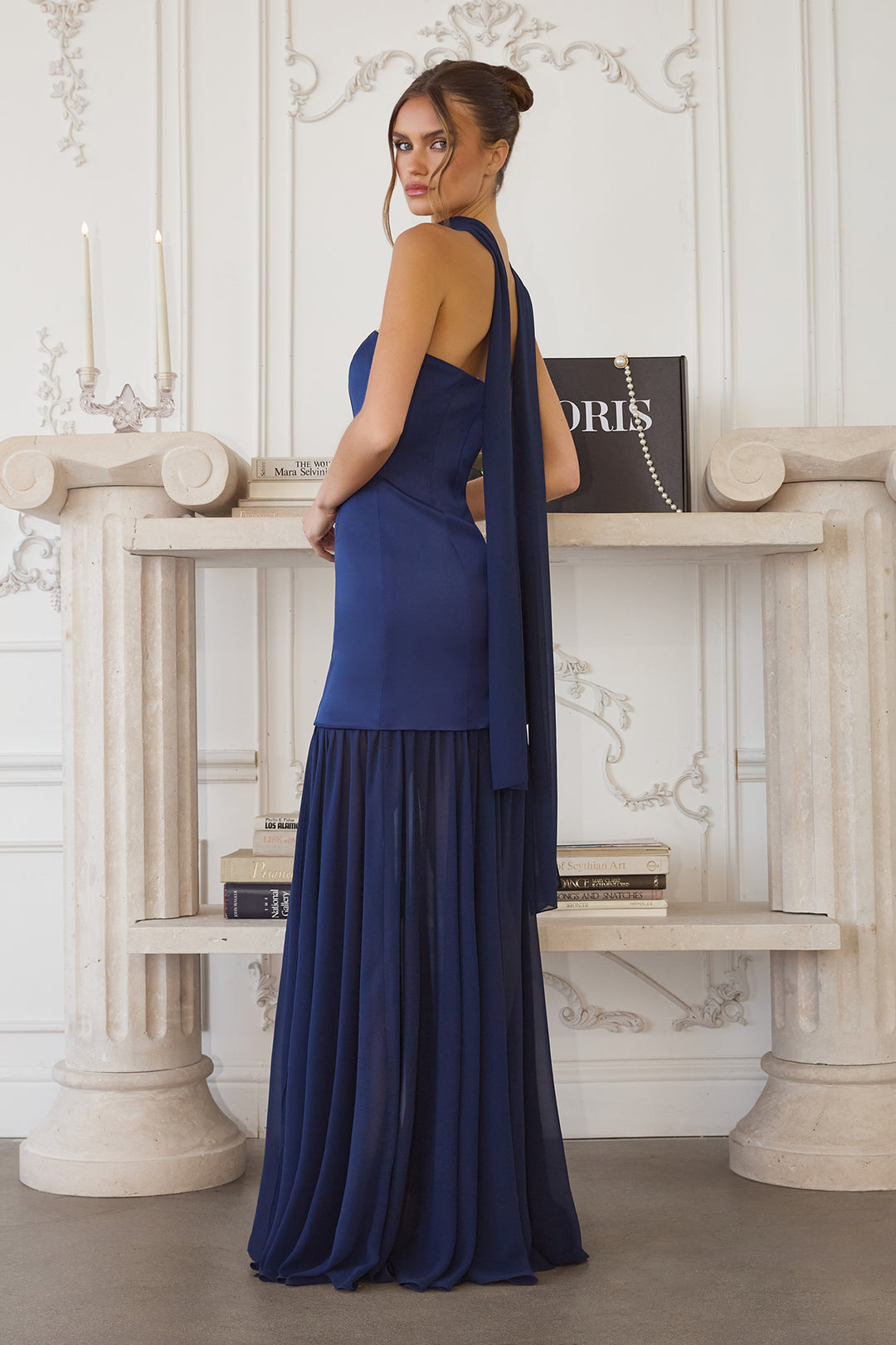 Satin Chiffon Strapless Slit Gown by Amoris T825