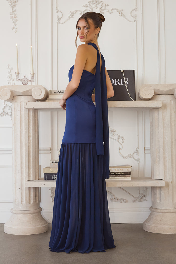 Satin Chiffon Strapless Slit Gown by Amoris T825