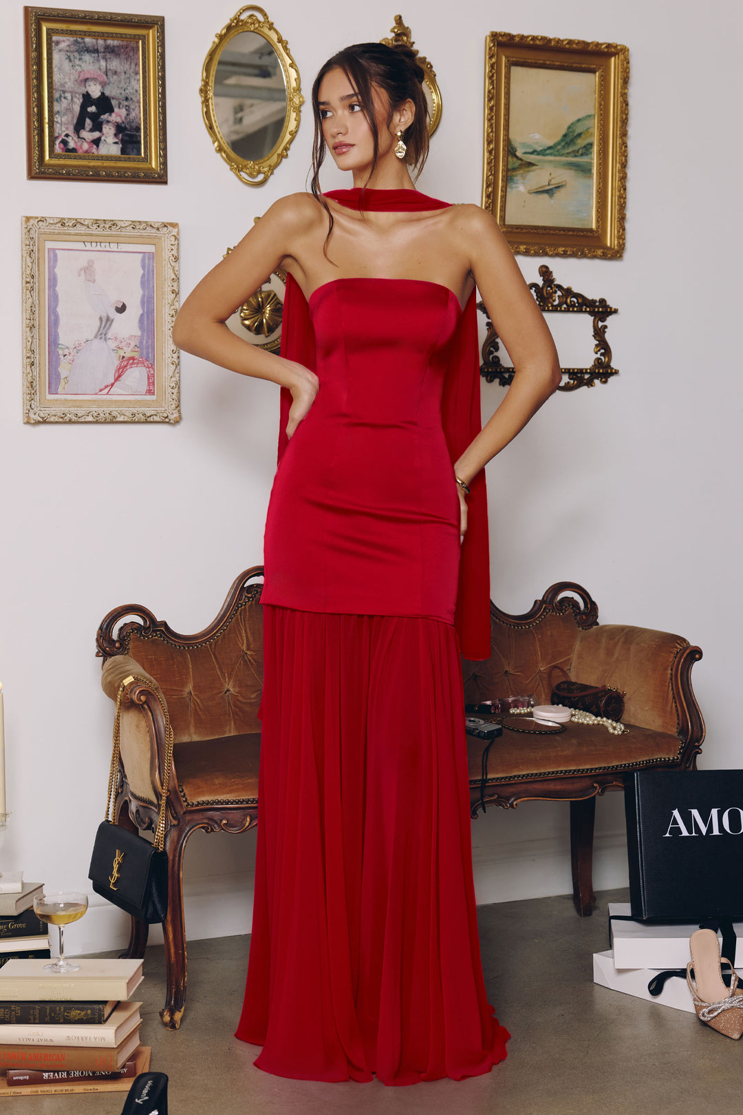 Satin Chiffon Strapless Slit Gown by Amoris T825