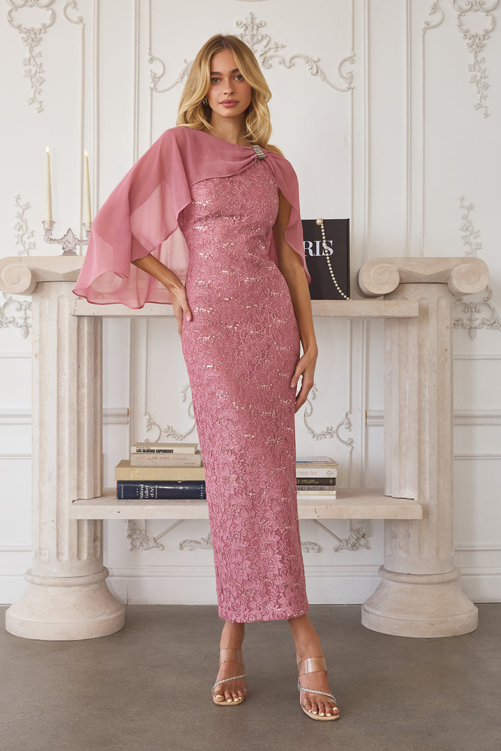 Lace Capelet Tea Length Dress by Amoris T906