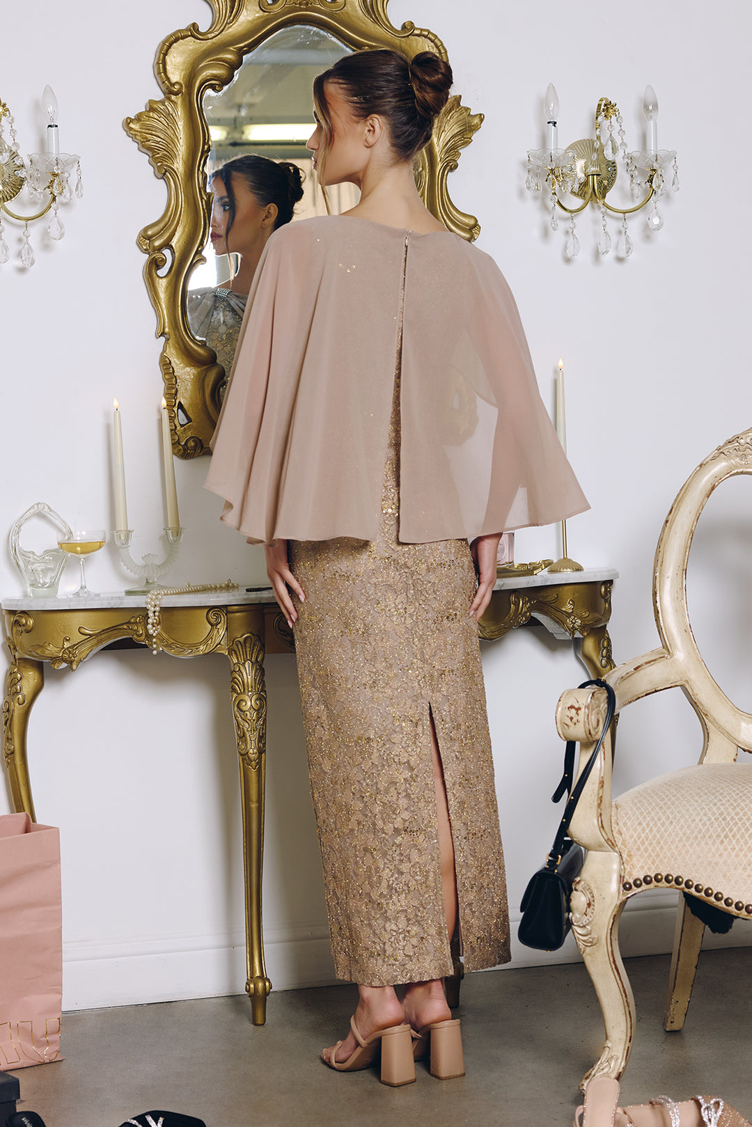 Lace Capelet Tea Length Dress by Amoris T906