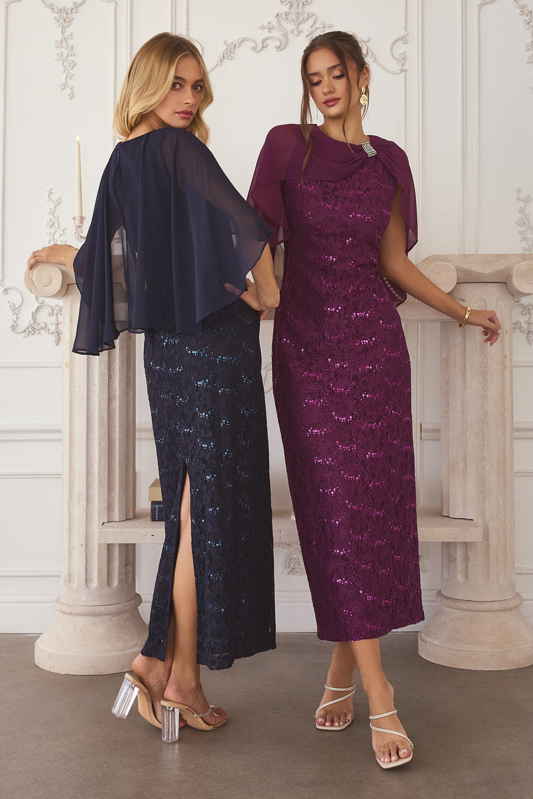 Lace Capelet Tea Length Dress by Amoris T906