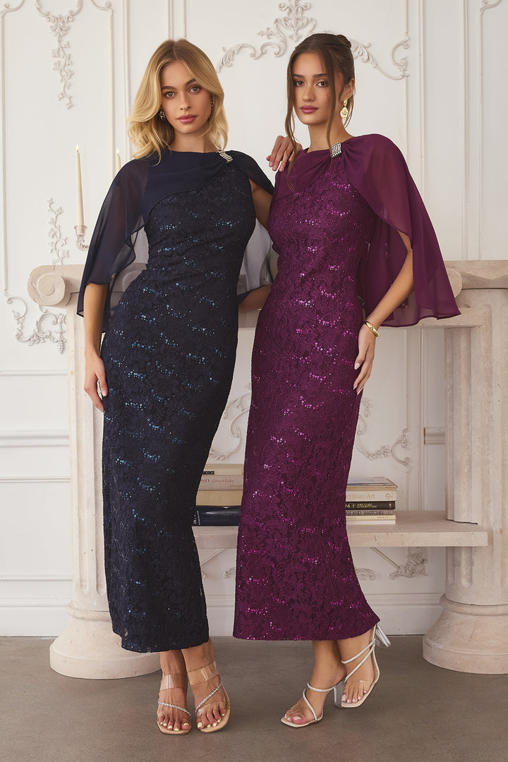 Lace Capelet Tea Length Dress by Amoris T906