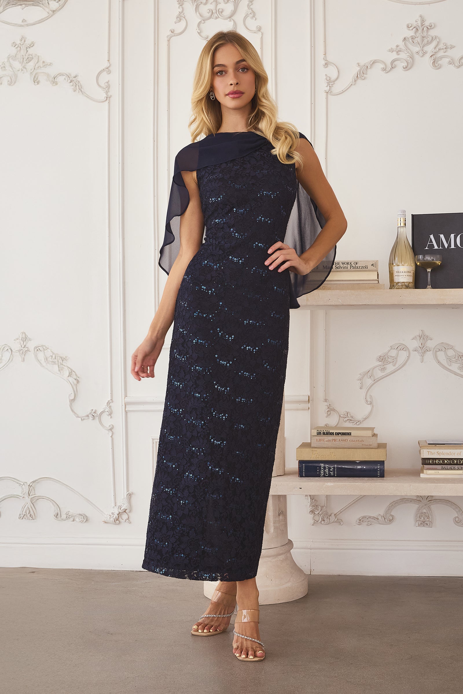 Lace Capelet Tea Length Dress by Amoris T906 – ABC Fashion