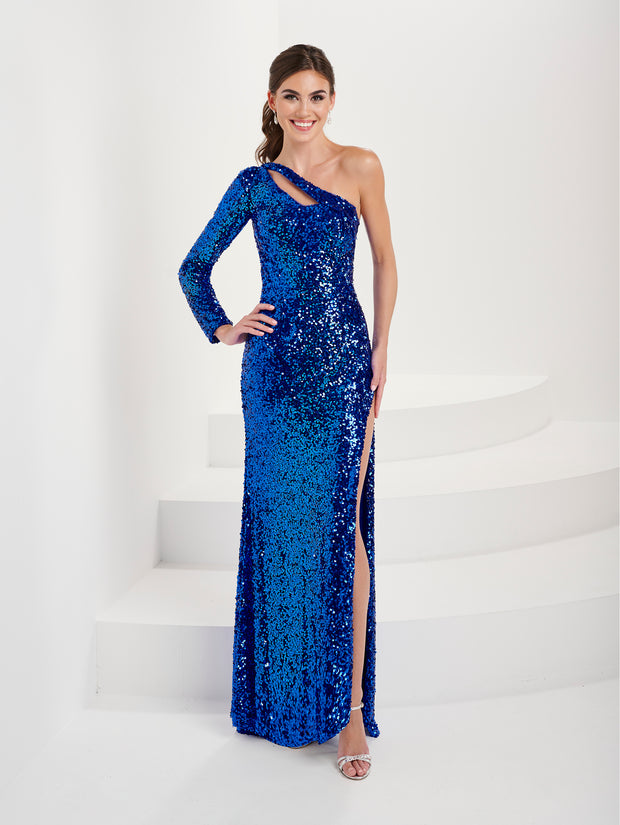 Sequin One Shoulder Long Sleeve Gown by Tiffany Designs 16053
