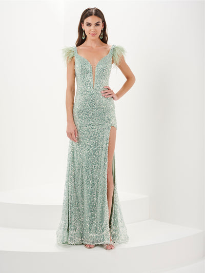 Fitted Sequin Feather Slit Gown by Tiffany Designs 16055