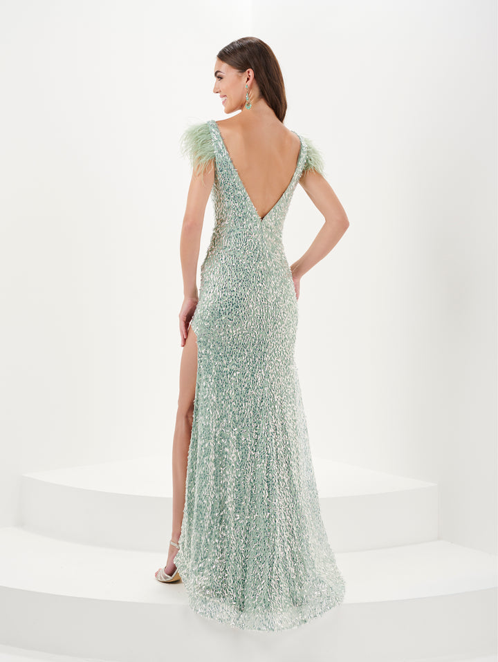 Fitted Sequin Feather Slit Gown by Tiffany Designs 16055