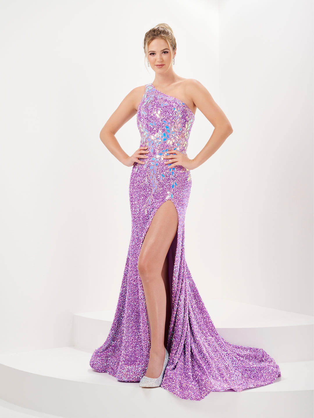 Fitted Sequin One Shoulder Slit Gown by Tiffany Designs 16061