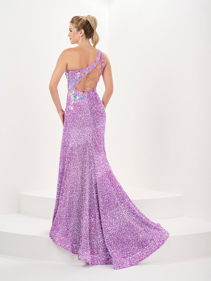 Fitted Sequin One Shoulder Slit Gown by Tiffany Designs 16061