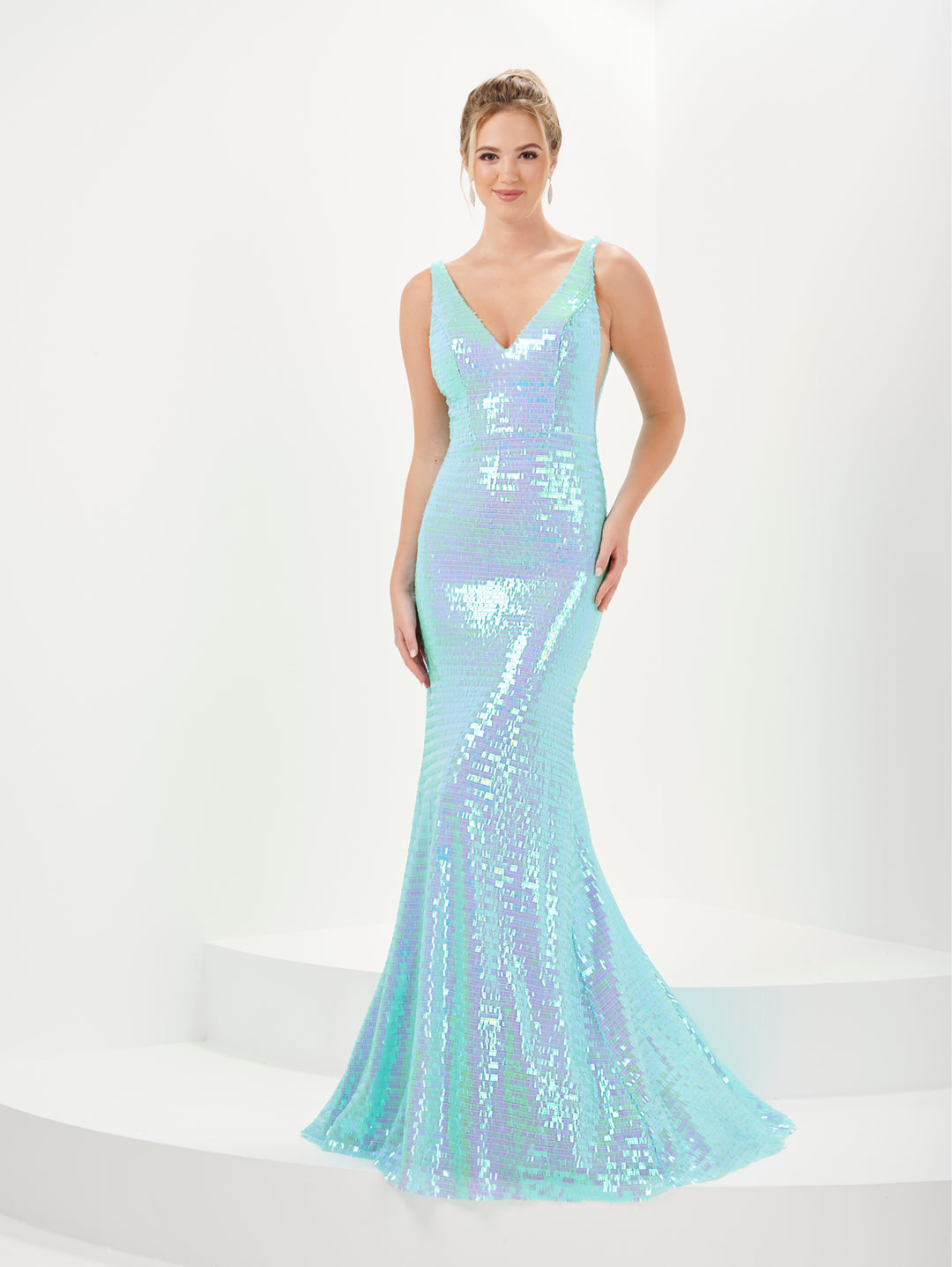 Fitted Iridescent Sequin V-Neck Gown by Tiffany Designs 16065