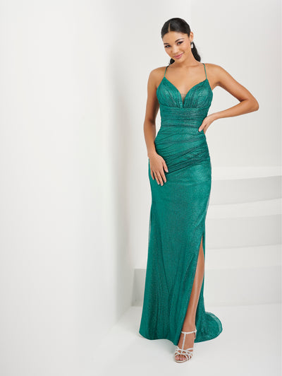 Fitted Glitter Lace-Up Slit Gown by Tiffany Designs 16075
