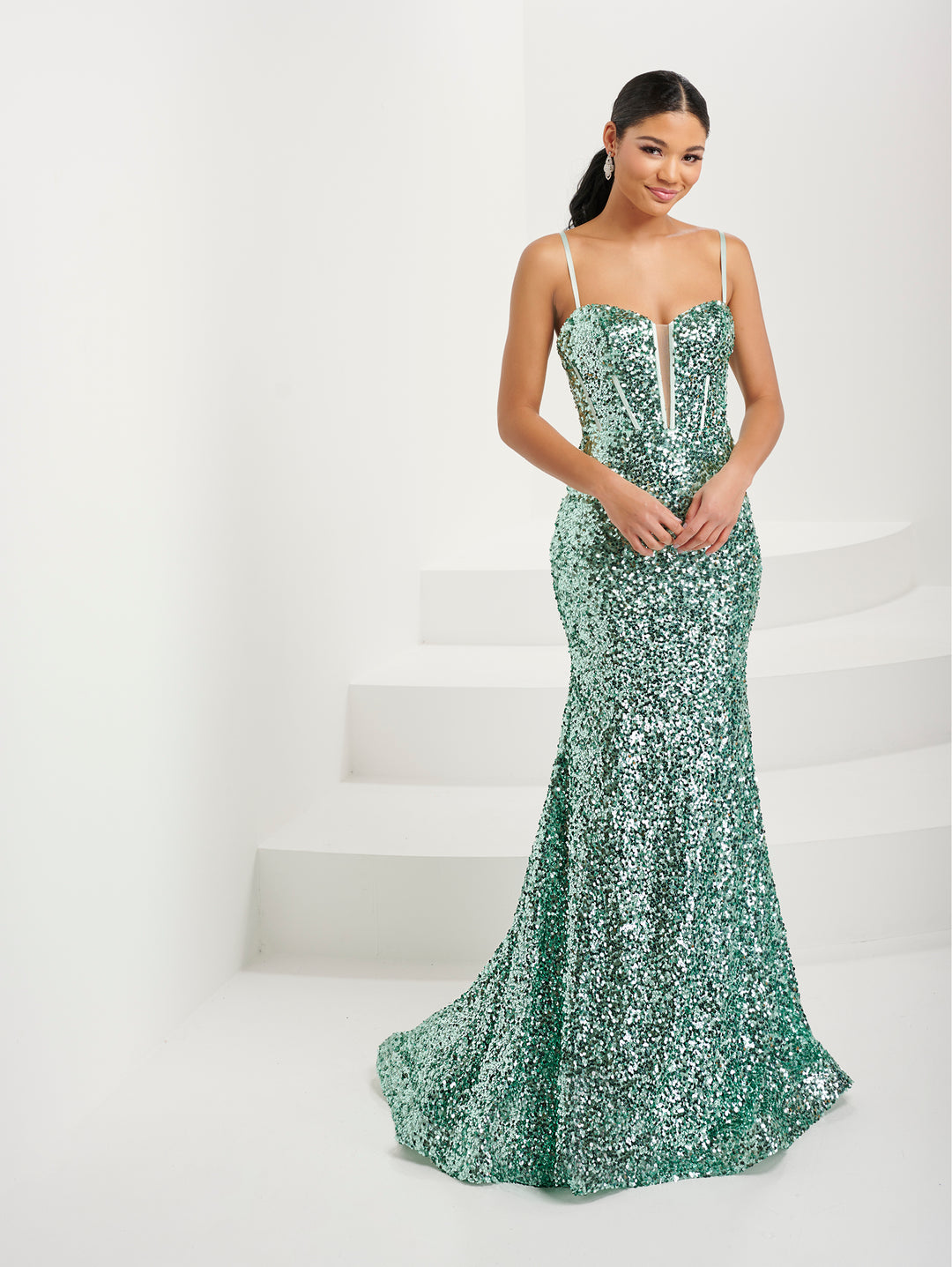 Sequin V-Neck Corset Trumpet Gown by Tiffany Designs 16081