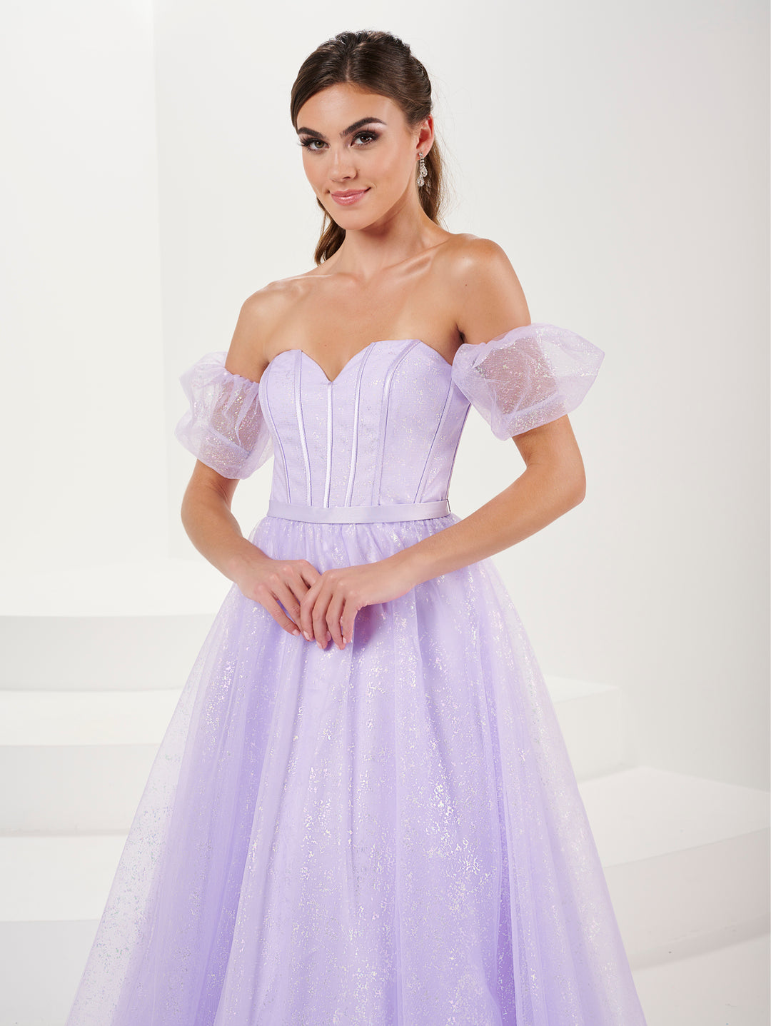 Glitter Strapless Puff Sleeve Gown by Tiffany Designs 16083