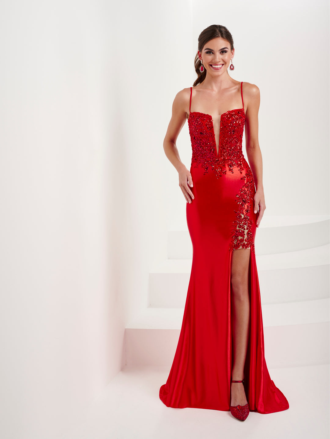 Fitted Beaded Spandex Slit Gown by Tiffany Designs 16086