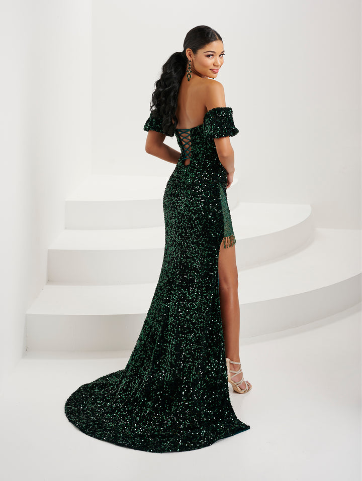 Fitted Sequin Fringe Slit Gown by Tiffany Designs 16087
