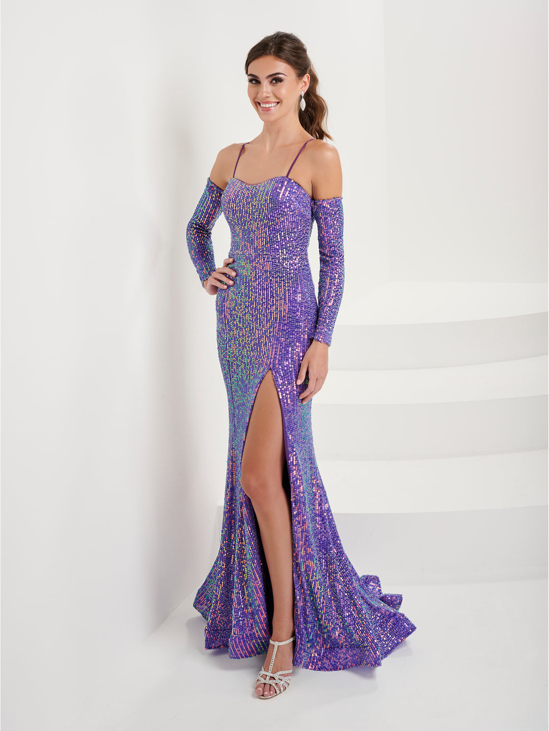 Fitted Sequin Long Sleeve Slit Gown by Tiffany Designs 16090