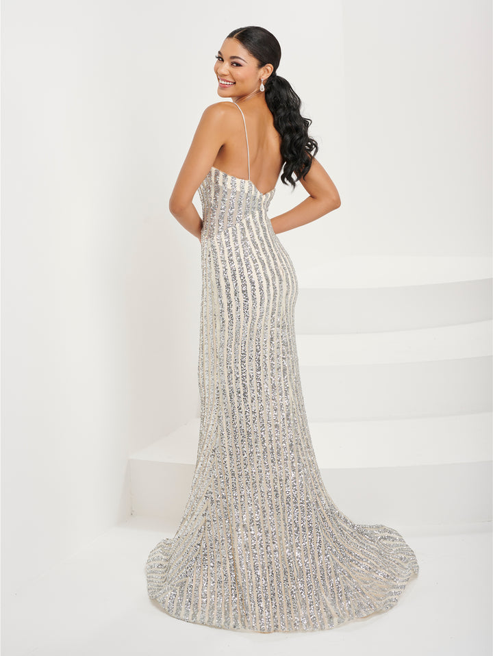 Fitted Linear Sequin Deep V-Neck Gown by Tiffany Designs 16092