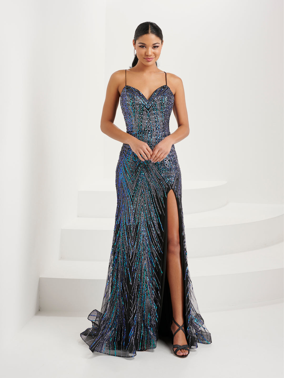 Fitted Beaded Sleeveless Slit Gown by Tiffany Designs 16094