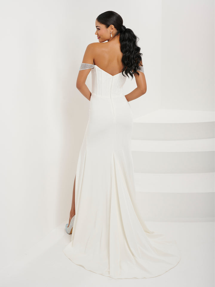 Fitted Beaded Off Shoulder Slit Gown by Tiffany Designs 16104