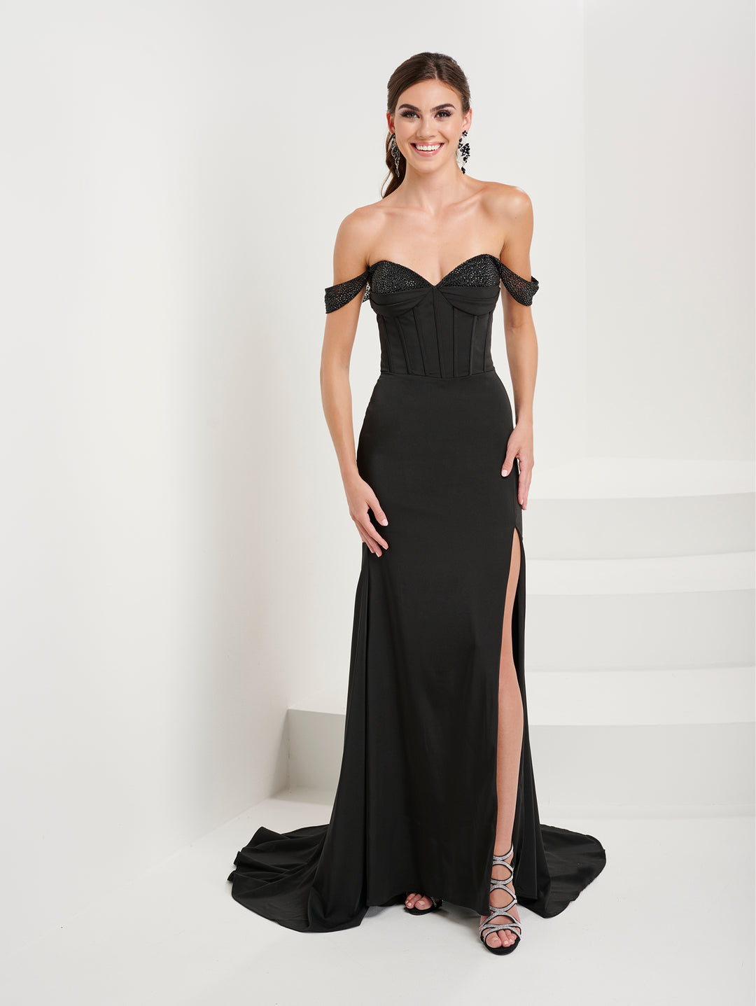 Fitted Beaded Off Shoulder Slit Gown by Tiffany Designs 16104